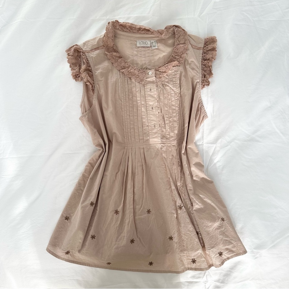 Beige Ruffled Sleeve Pintuck Tunic Blouse